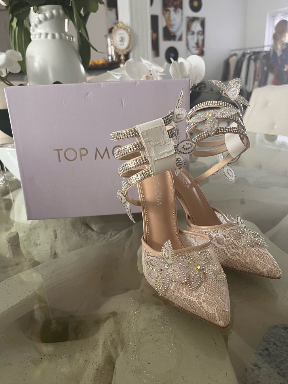 ❣️TOP Moda Blush Pink Lace Pointed-Toe Embellished Heels 👠 sz5.5
